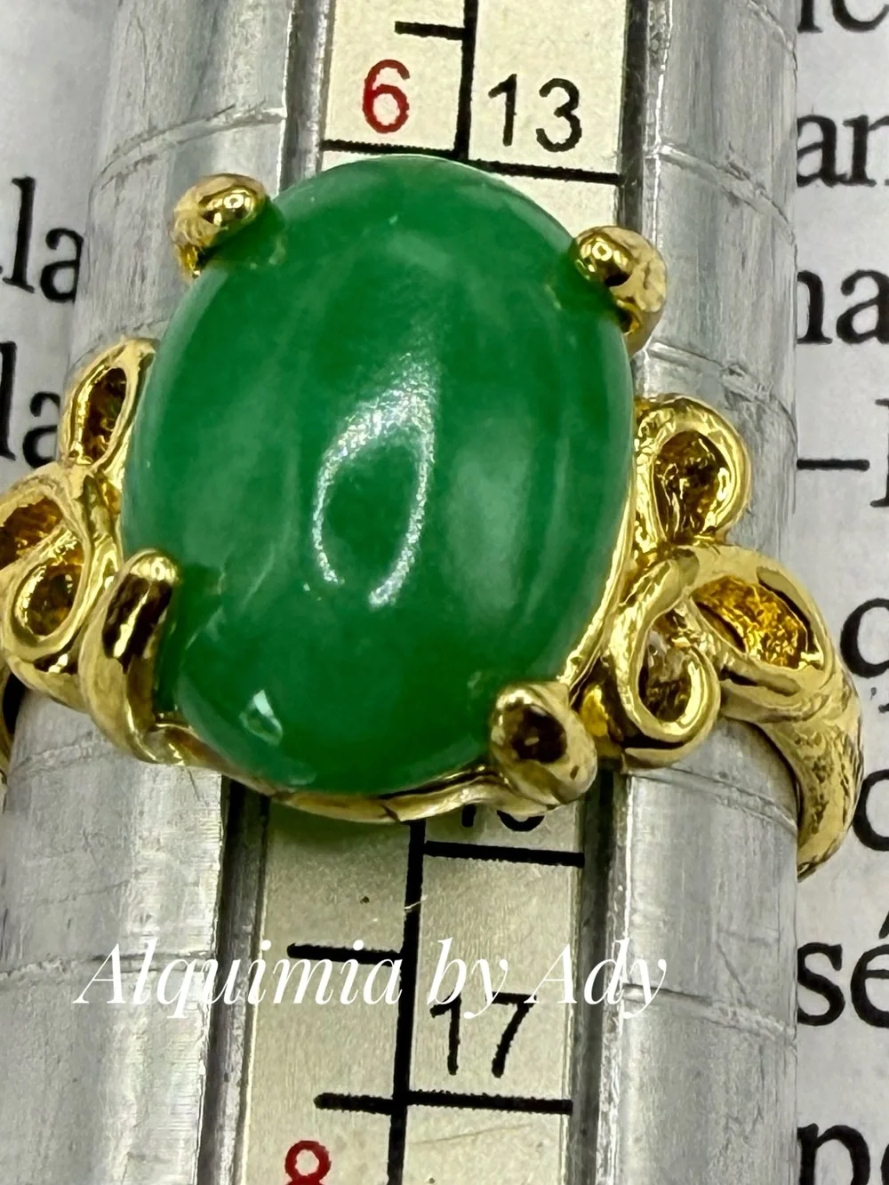 Gold Ring with Vibrant Green Jade Oval Stone
